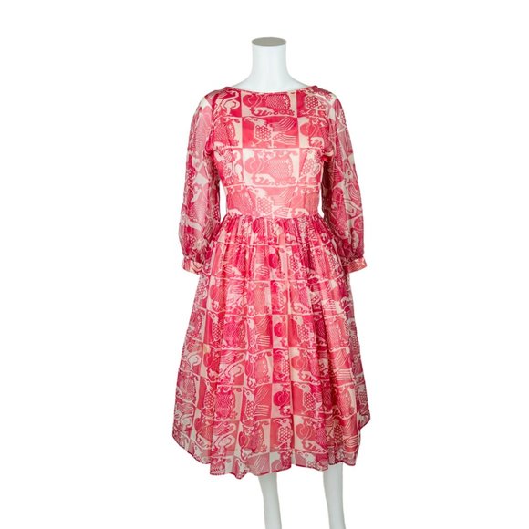 Vintage 1950s Party Dress Pink Printed Chiffon Tulle Skirt Princess Gown